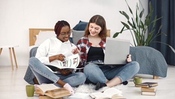 Fiber internet for education, girls doing homework